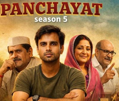 Panchayat Season 5 poster featuring Jitendra Kumar and main cast in a rural Indian village setting, highlighting the comedy-drama web series.