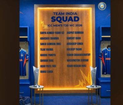 Team India ICC Men's T20 World Cup 2026 squad displayed on a wooden board in a locker room, with two trophies in front and blue jerseys hanging on either side.
