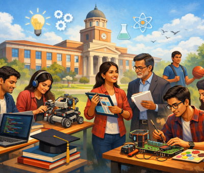 Illustration showing Indian college students engaging in skill-based activities such as coding, robotics, presentations, and creative projects, alongside a university campus backdrop symbolising the National Education Policy 2026 shift from degree-focused to skill-based admissions.