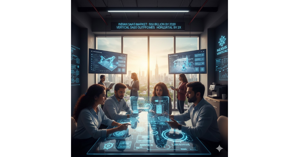 "An infographic titled 'Vertical SaaS 2.0: India’s Global Blueprint' overlaid on a futuristic office setting. It features four illuminated vertical pillars detailing: The AI Wedge, Service-as-Software, Embedded Finance, and The India Advantage. Each pillar contains icons and bullet points explaining the strategic shift in the Indian SaaS ecosystem toward AI-native, niche-specific global solutions."