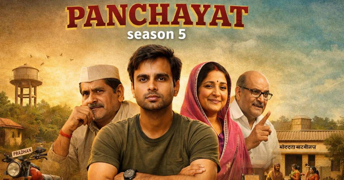 Panchayat Season 5 poster featuring Jitendra Kumar and main cast in a rural Indian village setting, highlighting the comedy-drama web series.