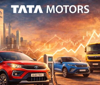 Tata Motors share price concept image featuring electric vehicles, commercial trucks, and the Tata Motors brand against a growth-focused backdrop.
