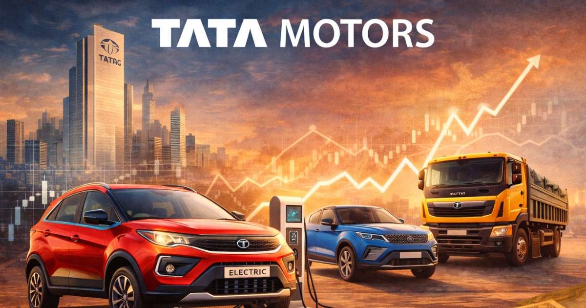 Tata Motors share price concept image featuring electric vehicles, commercial trucks, and the Tata Motors brand against a growth-focused backdrop.