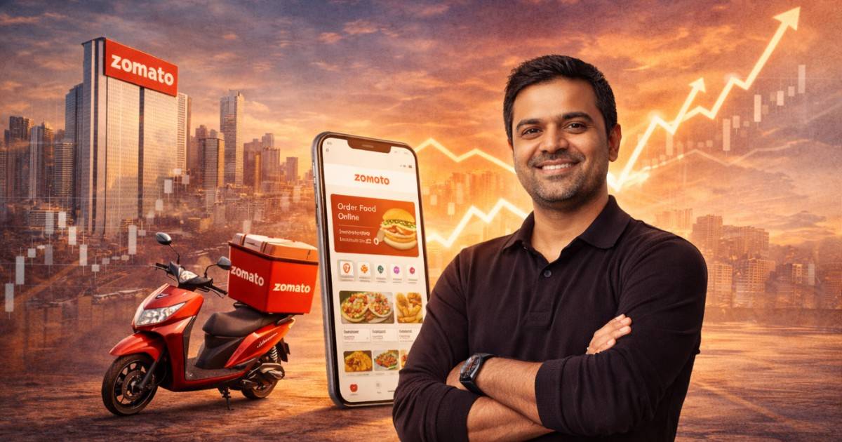 Deepinder Goyal, Zomato founder and CEO, standing confidently with a Zomato delivery scooter and smartphone app in the background, highlighting his leadership in India’s food-tech industry.