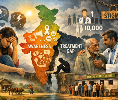A pair of digital infographics illustrating mental health awareness and access to care in India. The left infographic titled *“Mental Health in India: Awareness vs. Access to Care”* shows that 80% of Indians are aware of mental health issues, while 85% lack proper treatment. Icons depict social media, healthcare, and support systems, with a stressed woman holding her head to represent the emotional toll. The right infographic, titled *“The Mental Health Challenge in India”*, highlights key statistics: 1 in 3 shortage of mental health professionals, 85% untreated cases, and stigma as a barrier. Illustrations include rural and urban settings, medical professionals, counseling, and funding symbols. At the bottom, solutions are suggested: invest in mental health services, expand community support, and integrate care into primary healthcare. --- If you want, I can also make a **shorter version suitable for web accessibility** that’s concise but still descriptive. Do you want me to do that?