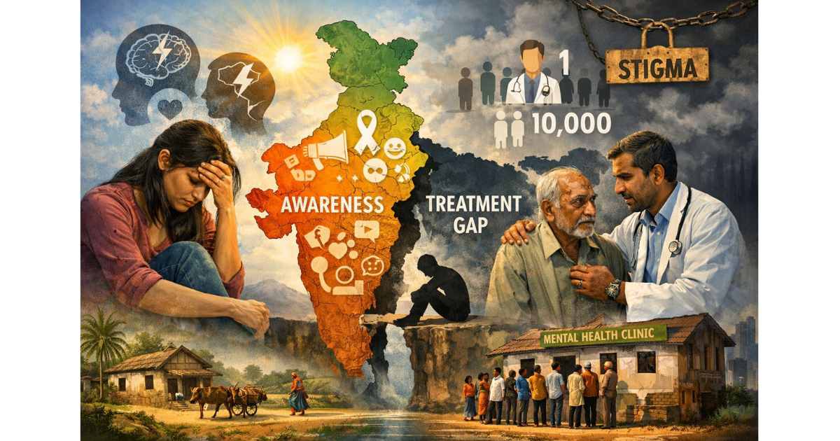 A pair of digital infographics illustrating mental health awareness and access to care in India. The left infographic titled *“Mental Health in India: Awareness vs. Access to Care”* shows that 80% of Indians are aware of mental health issues, while 85% lack proper treatment. Icons depict social media, healthcare, and support systems, with a stressed woman holding her head to represent the emotional toll. The right infographic, titled *“The Mental Health Challenge in India”*, highlights key statistics: 1 in 3 shortage of mental health professionals, 85% untreated cases, and stigma as a barrier. Illustrations include rural and urban settings, medical professionals, counseling, and funding symbols. At the bottom, solutions are suggested: invest in mental health services, expand community support, and integrate care into primary healthcare. --- If you want, I can also make a **shorter version suitable for web accessibility** that’s concise but still descriptive. Do you want me to do that?