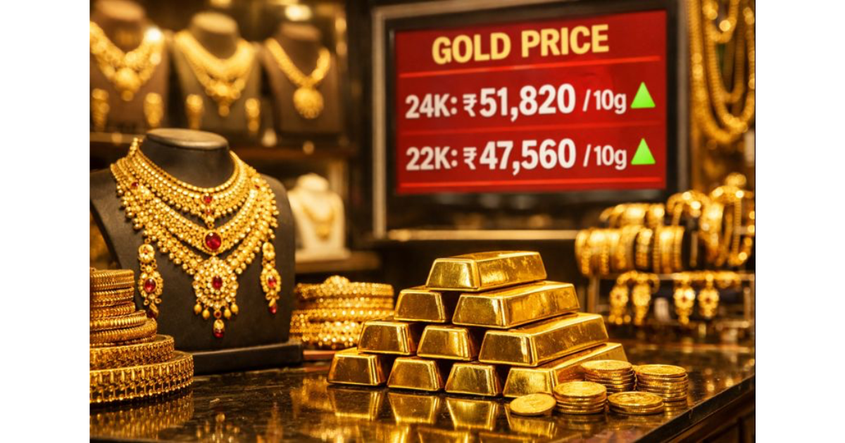 Gold jewellery and bullion displayed at an Indian jewellery store with a digital board showing rising gold prices, symbolising the sharp rebound in bullion rates across India.
