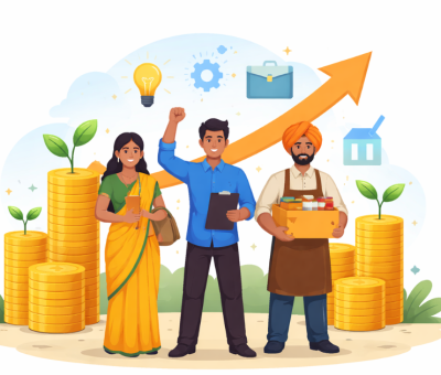 Minimal infographic illustration showing small businesses growing with financial support, upward arrows, coins, factory icons, and connected symbols representing funding, compliance, and expansion.