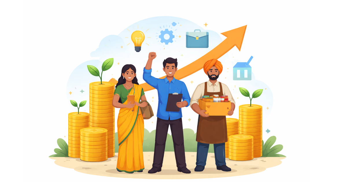 Minimal infographic illustration showing small businesses growing with financial support, upward arrows, coins, factory icons, and connected symbols representing funding, compliance, and expansion.