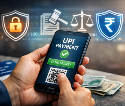 A person using a smartphone to make a UPI payment, with digital icons representing security, consumer rights, and financial protection in the background.
