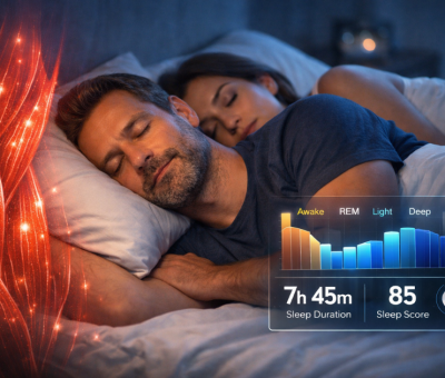 An adult man and woman sleeping peacefully in a darkened bedroom while a subtle overlay shows muscle fibers and a smartwatch-style sleep graph, symbolizing the connection between muscle health and quality sleep.