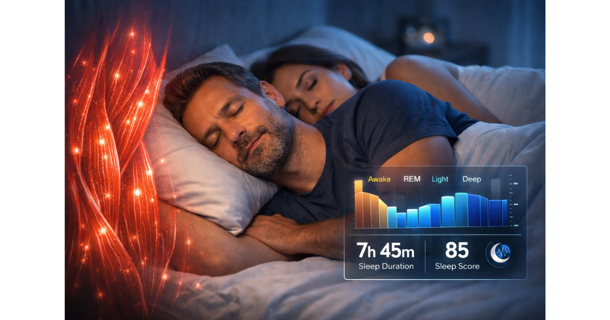 An adult man and woman sleeping peacefully in a darkened bedroom while a subtle overlay shows muscle fibers and a smartwatch-style sleep graph, symbolizing the connection between muscle health and quality sleep.
